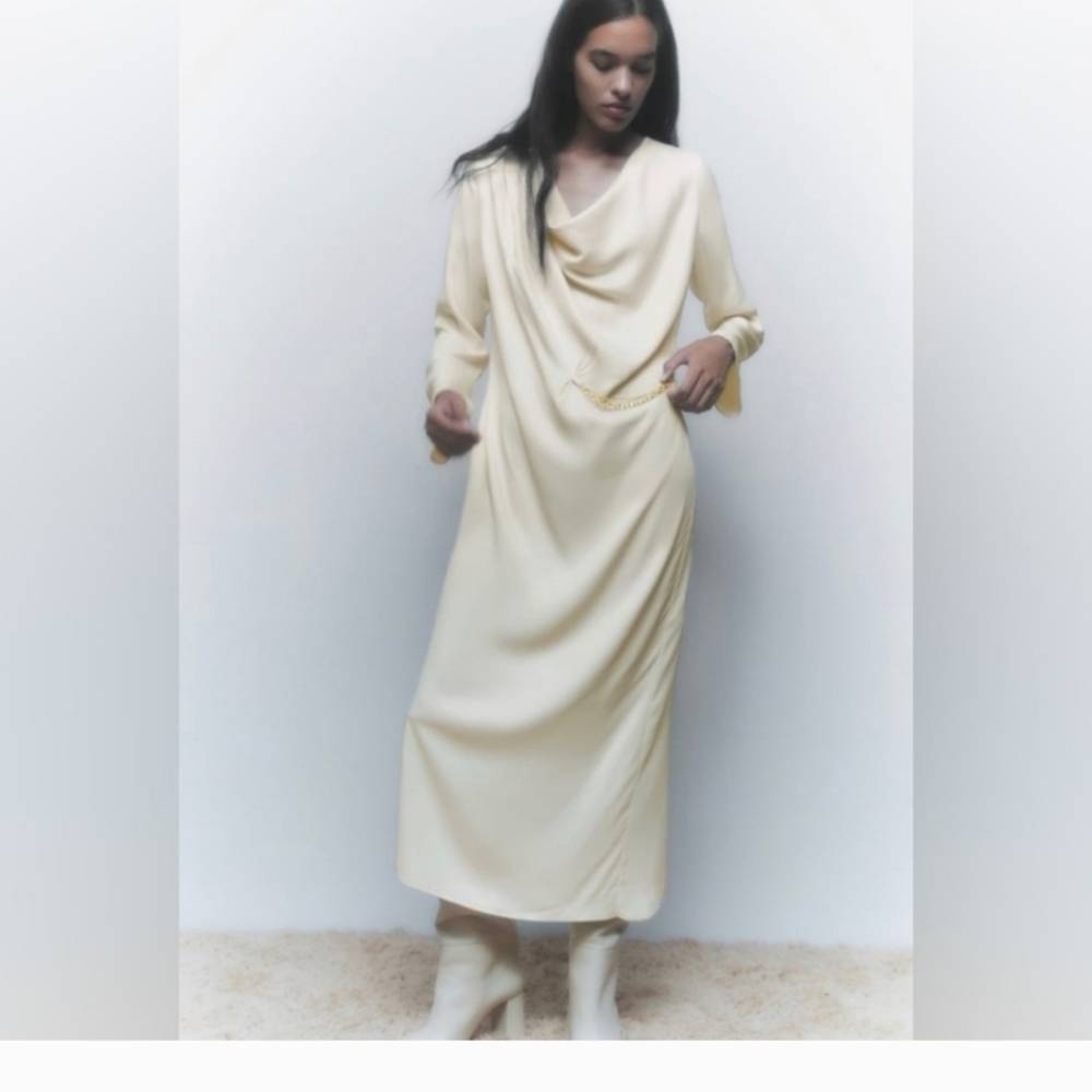 ZARA CHAIN TRIM SATIN EFFECT ECRU MIDI  DRESS